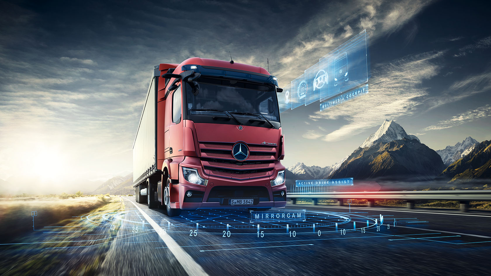 Red Mercedes-Benz lorry driving through mountains with digital HUD overlays showcasing advanced driving technology.