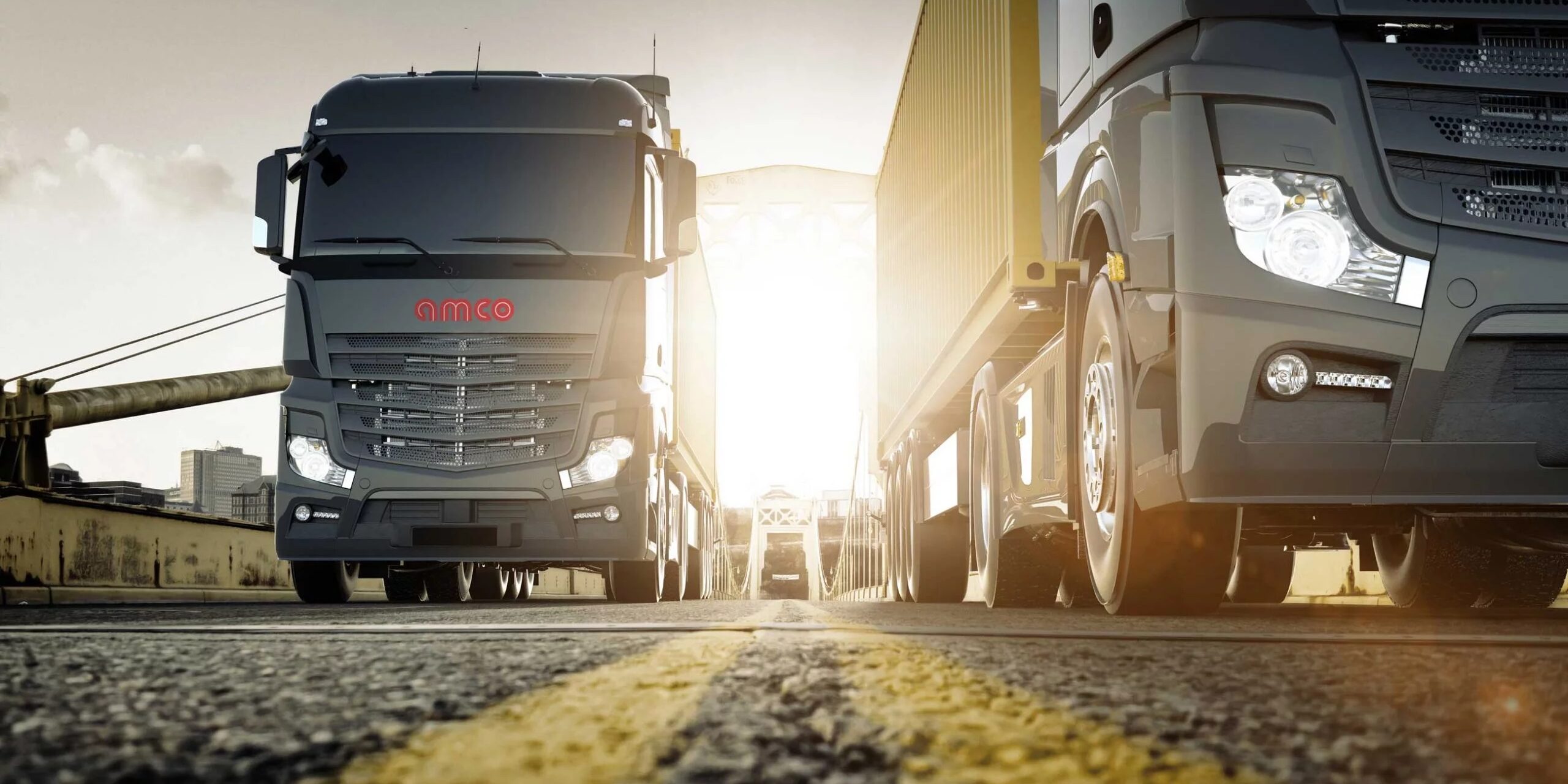 Scenic road-level view of a bridge with trucks driving left and right