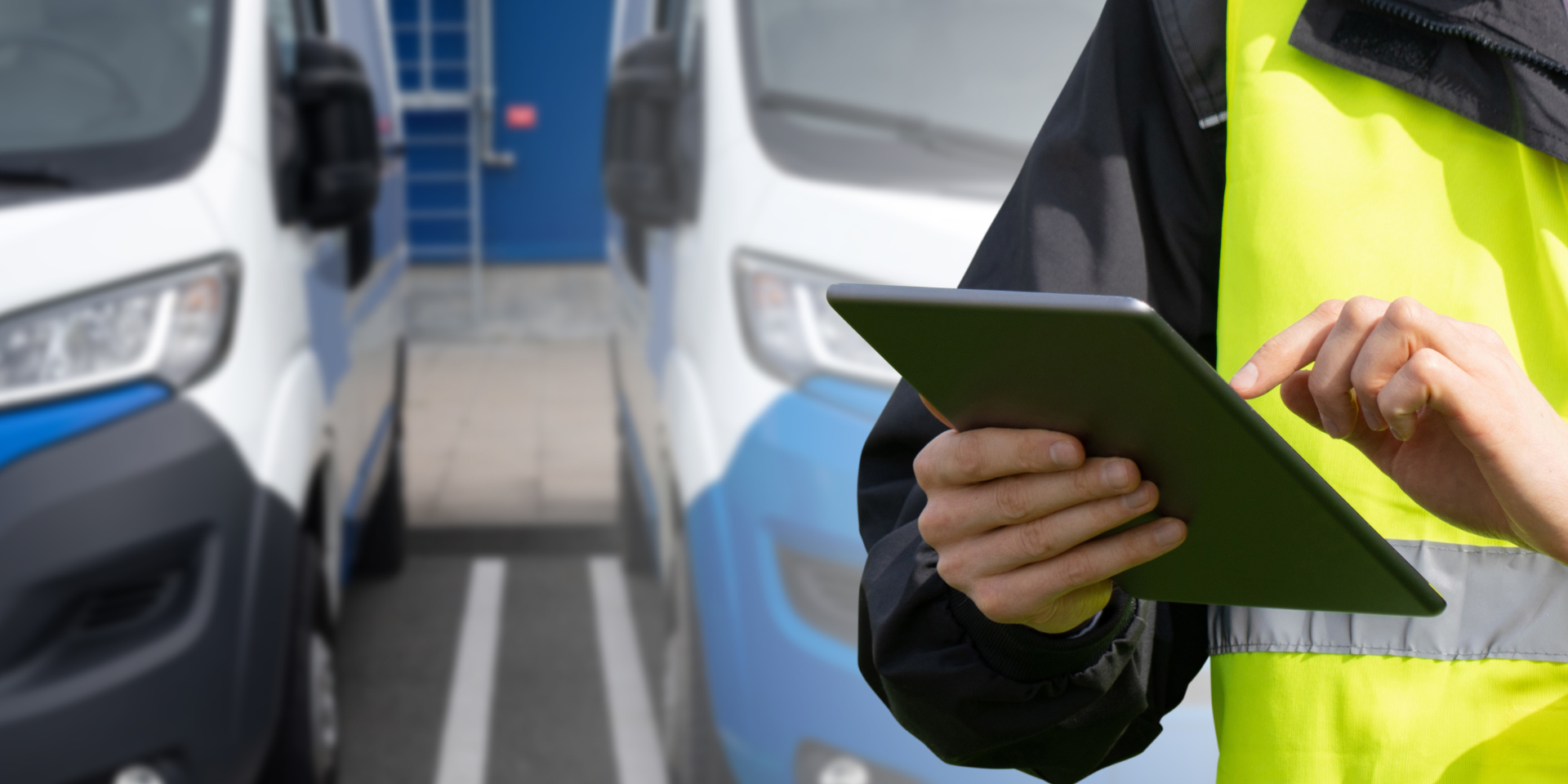Person wearing hi-vis jacket and coat using an iPad with vans parked in the background