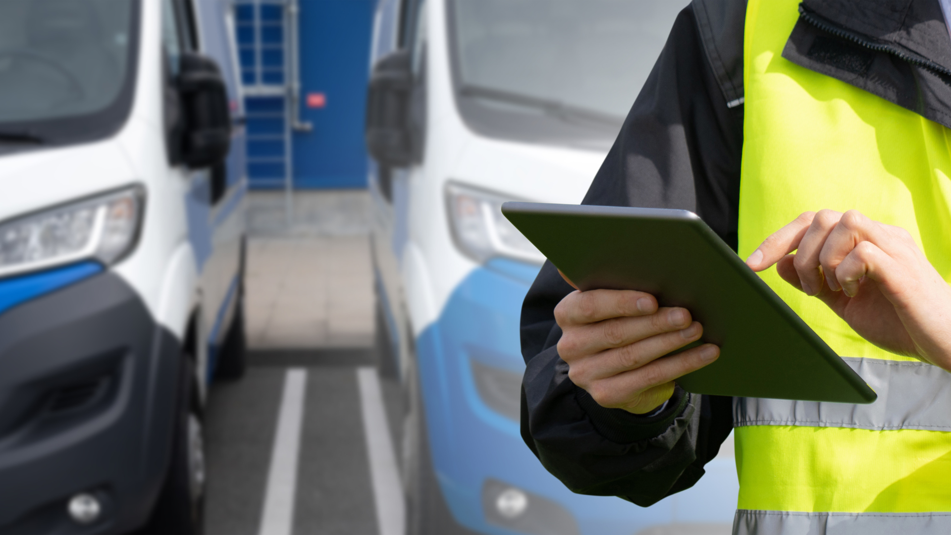 Person wearing hi-vis jacket and coat using an iPad with vans parked in the background