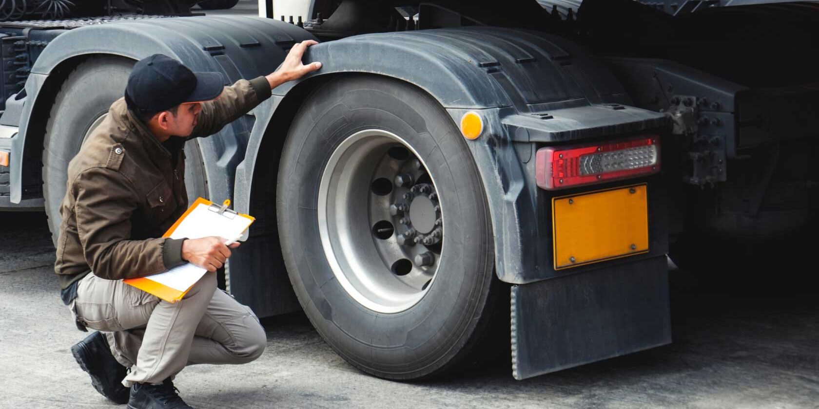 Vehicle inspector examining a lorry's rear tyre with a clipboard during a safety check.