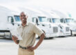 Smiling logistics worker holding a tablet in front of a row of white lorries